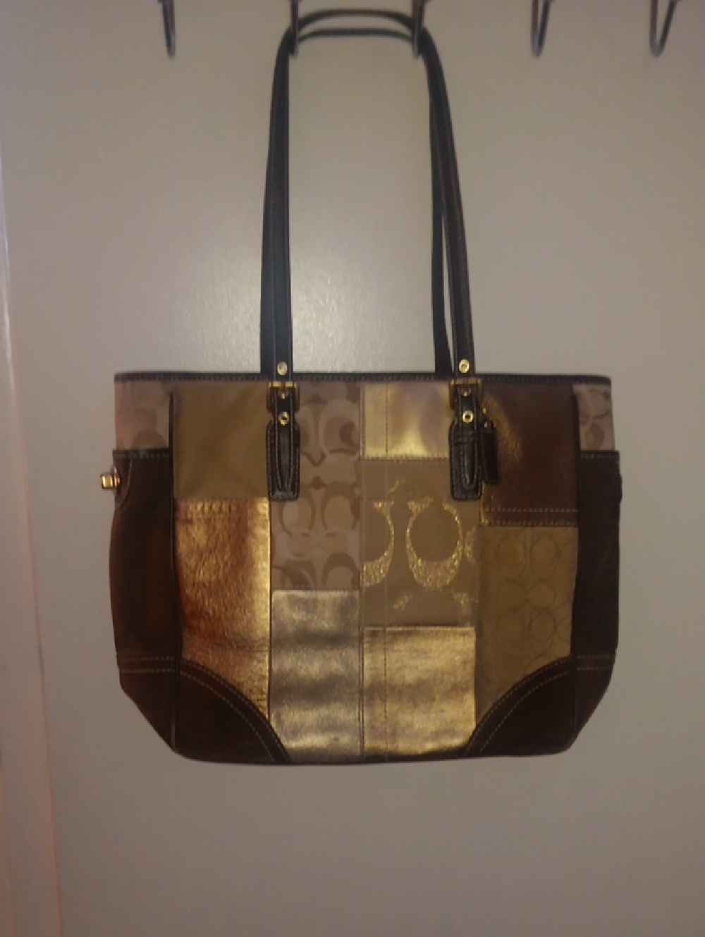 Coach Metallic Patchwork Tote in Gold and Brown